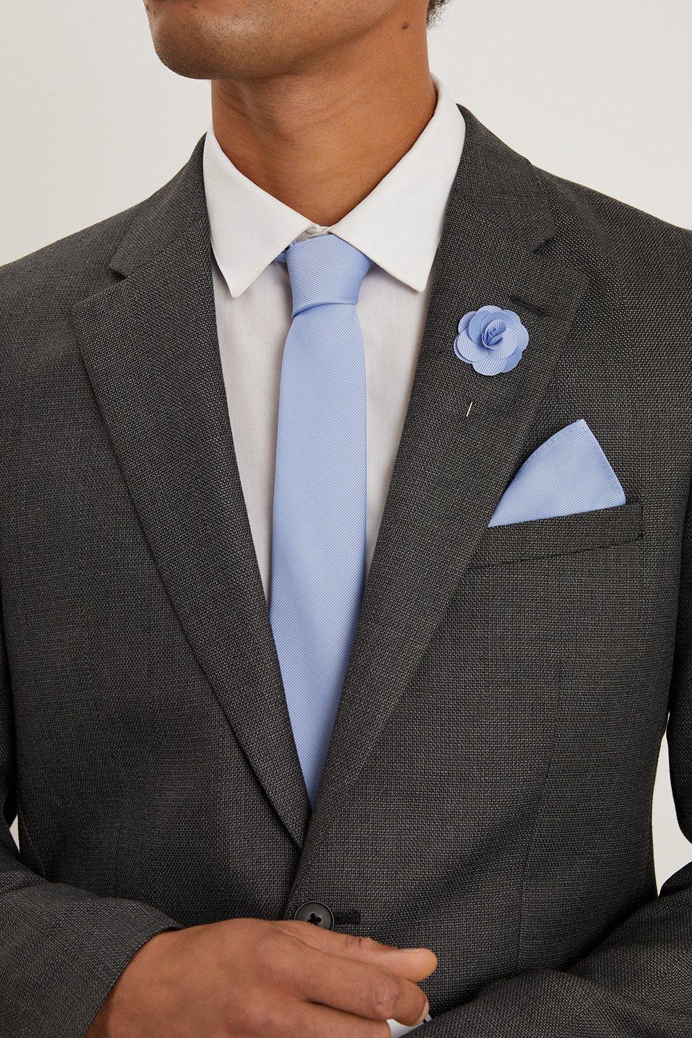 Mens Dusty Blue Plain Wedding Plain Tie Set With Matching Lapel Pin
