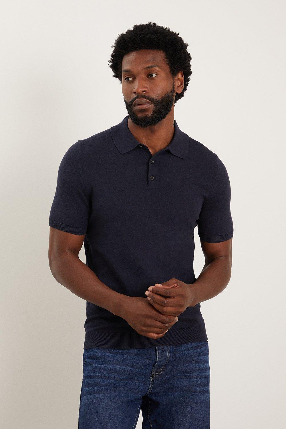 Mens Slim Fit Navy Knitted Polo