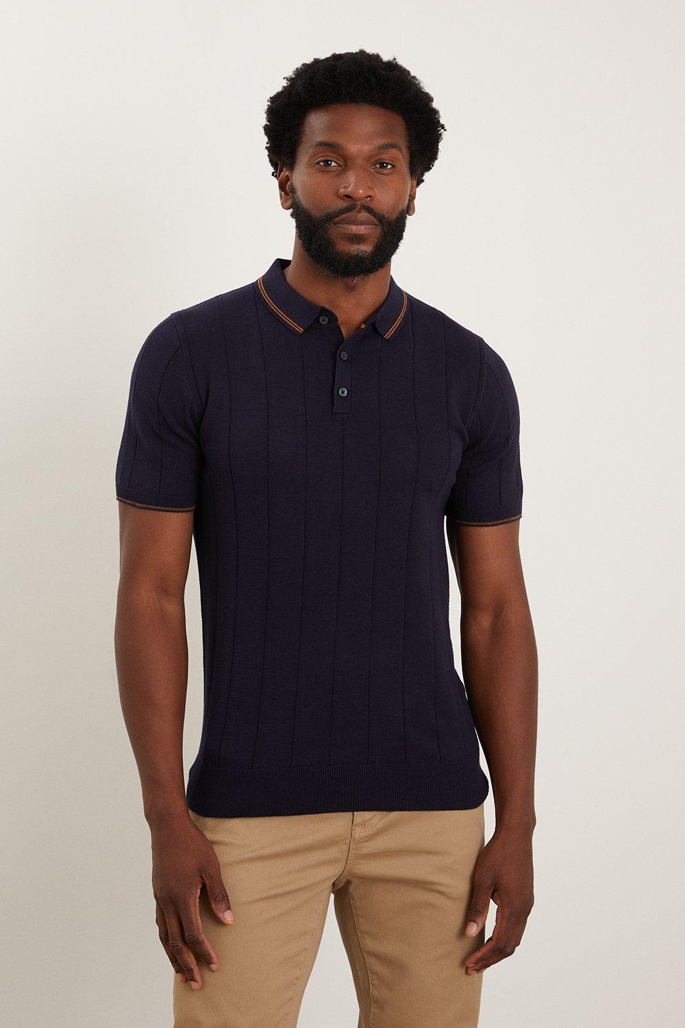 Mens Slim Fit Navy Tipped Knitted Polo