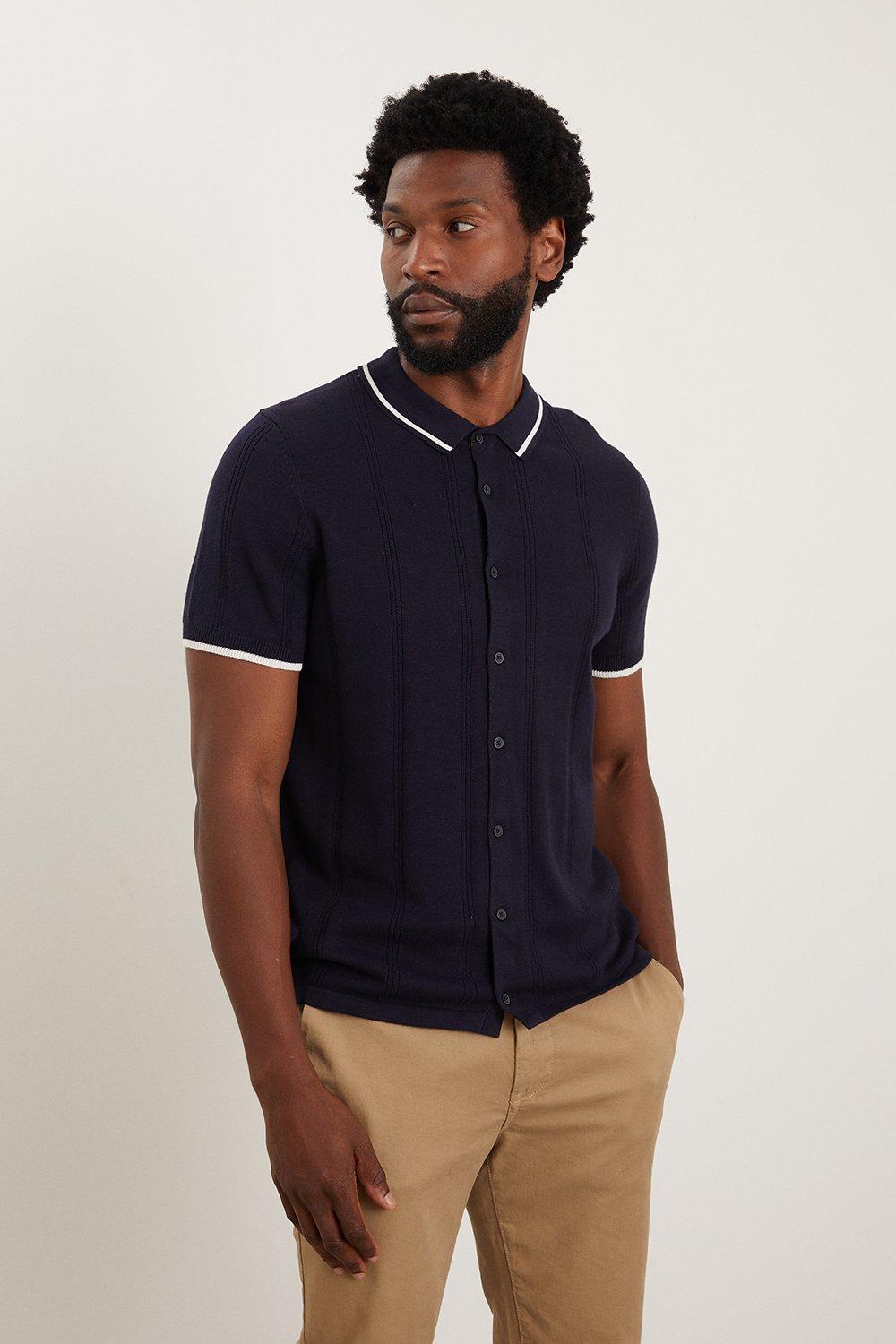 Mens Slim Fit Navy Tipped Button Through Knitted Polo