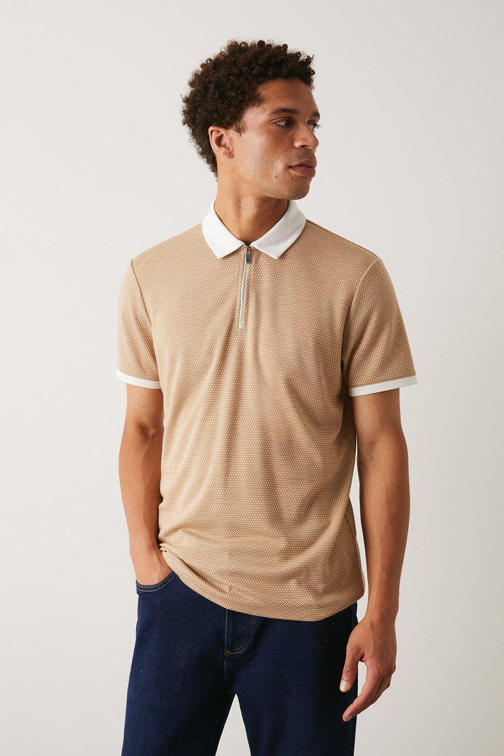 Mens Plus And Tall Short Sleeve Zip Neck Jacquard Polo