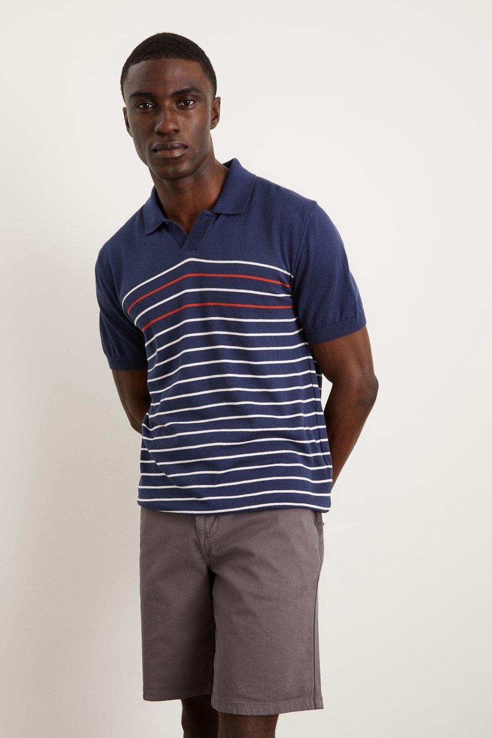 Mens Slim Fit Blue Short Sleeve Stripe Knitted Polo