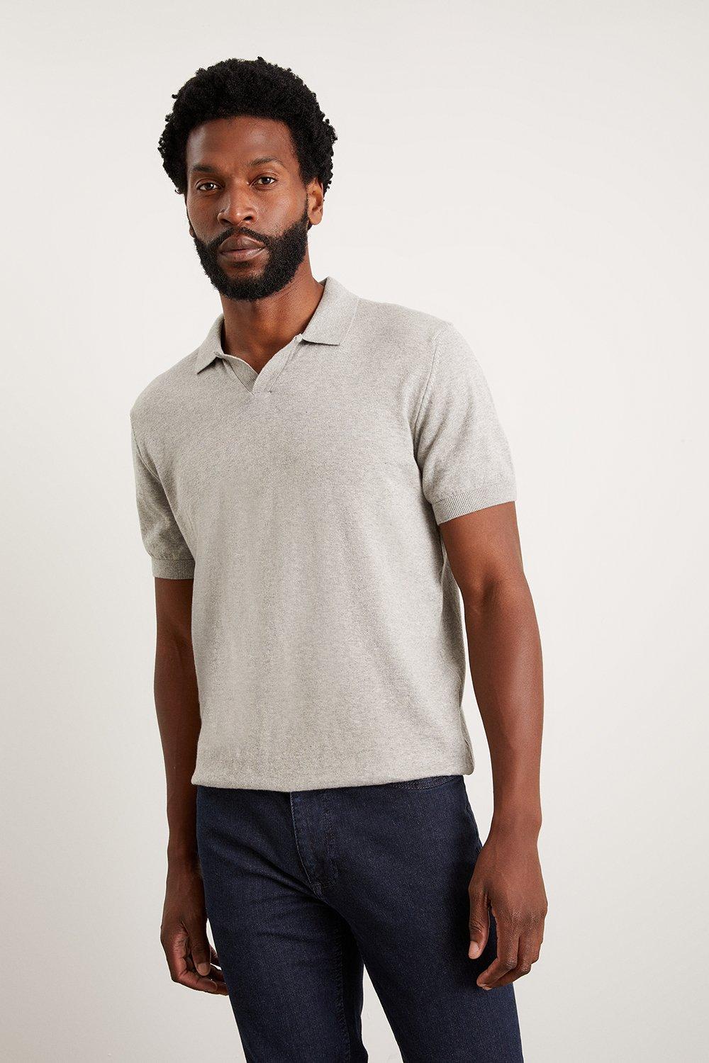 Mens Slim Fit Grey Short Sleeve Knitted Polo