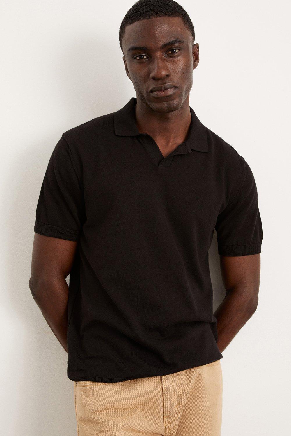 Mens Slim Fit Black Short Sleeve Knitted Polo