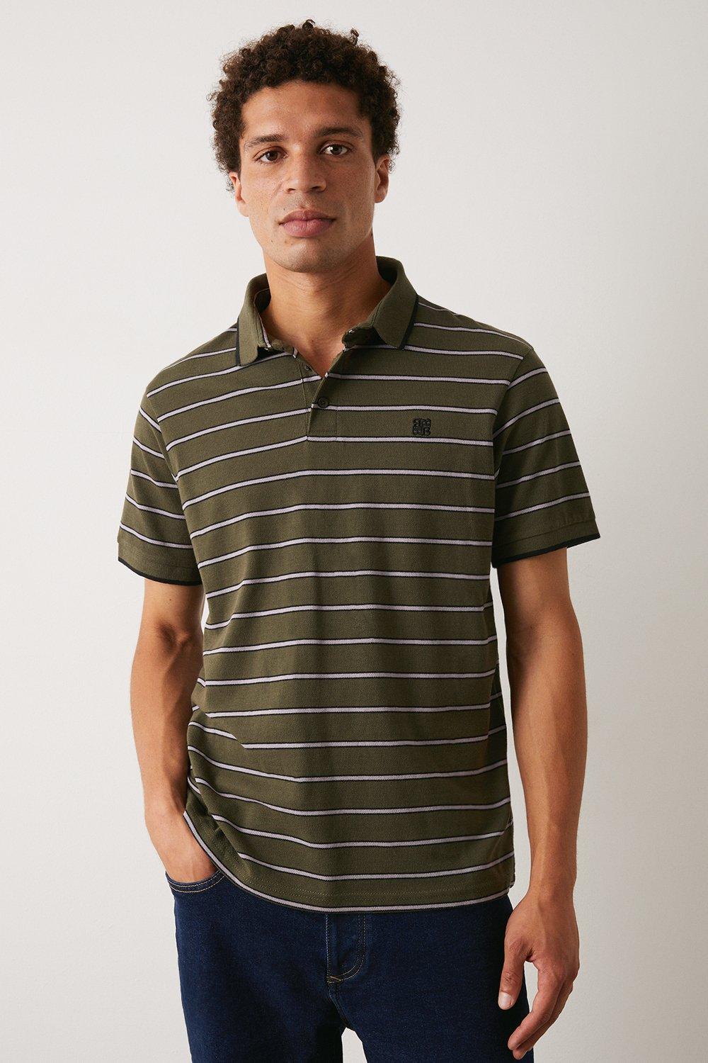 Mens Short Sleeve Grey Black Stripe Polo Shirt