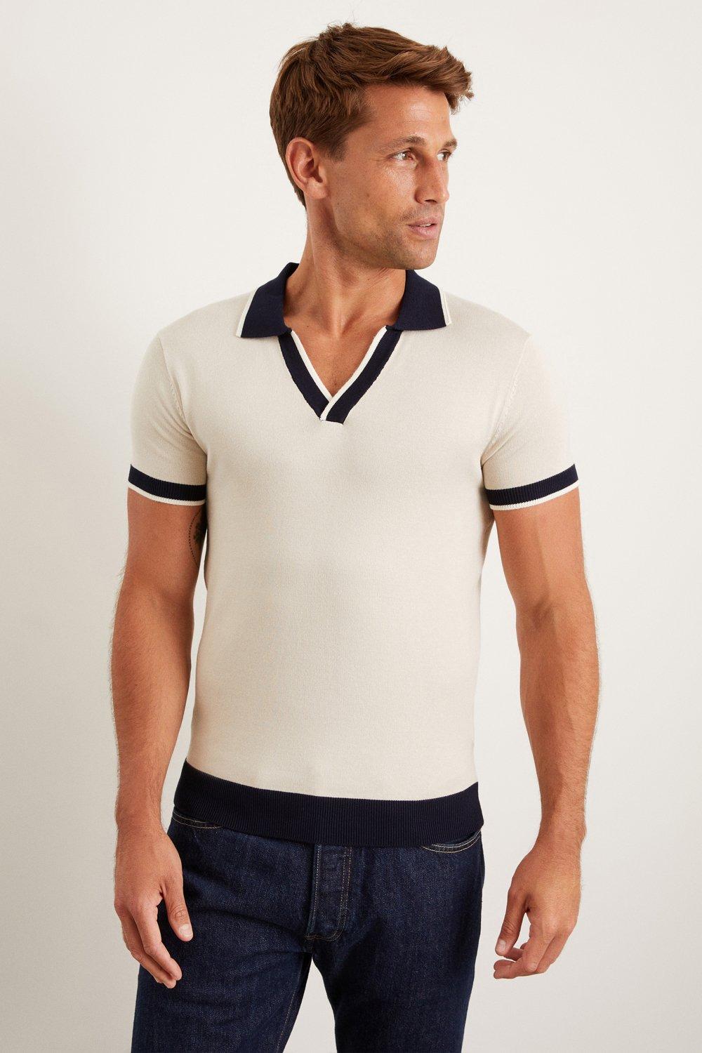 Mens Short Seeve Tipped Jonny Collar Knitted Top