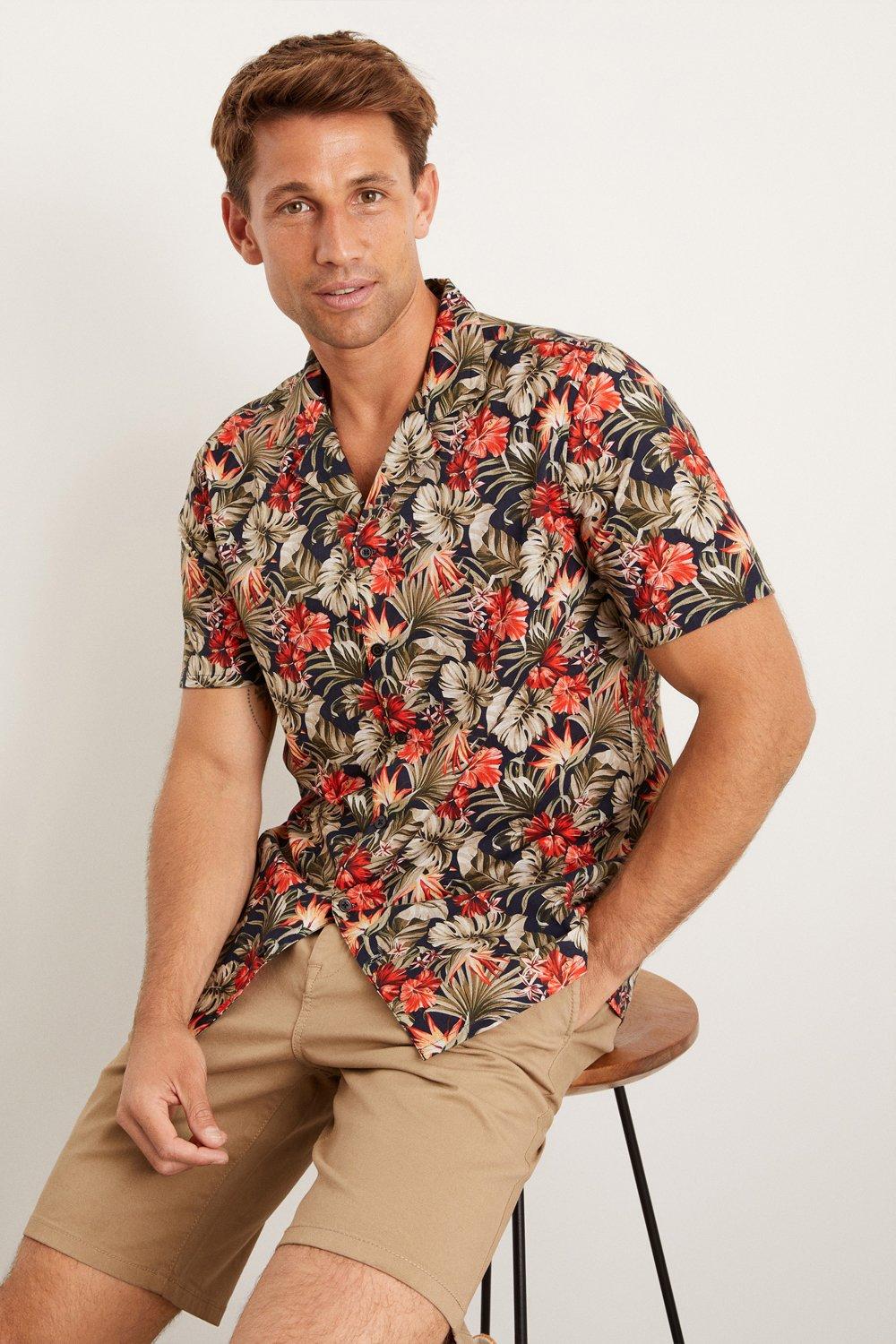 Mens Short Sleeve Black Slub Hawaiian Shirt