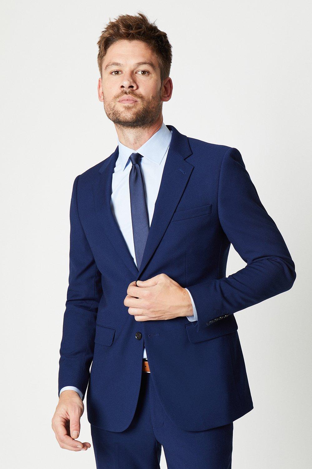 Mens Skinny Fit Blue Textured Suit Jacket