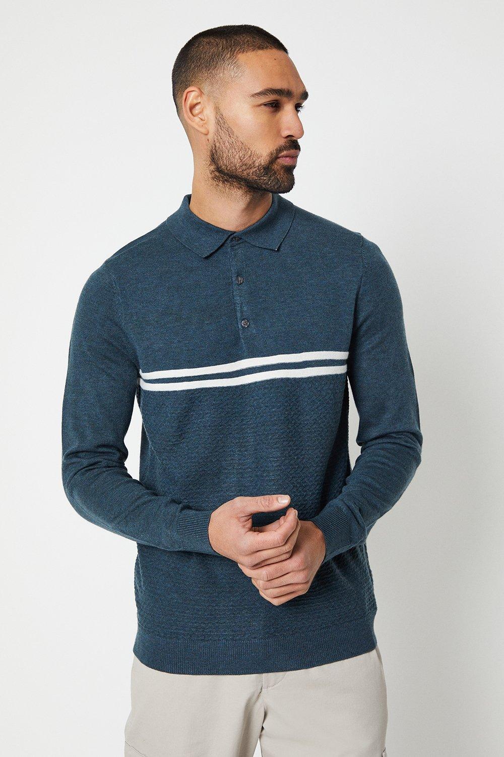 Mens Long Sleeve Double Stripe Knitted Polo