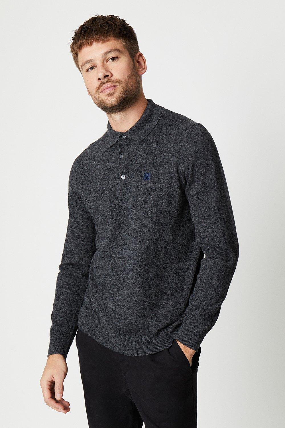 Mens Cotton Rich Embroidered Long Sleeve Knitted Polo
