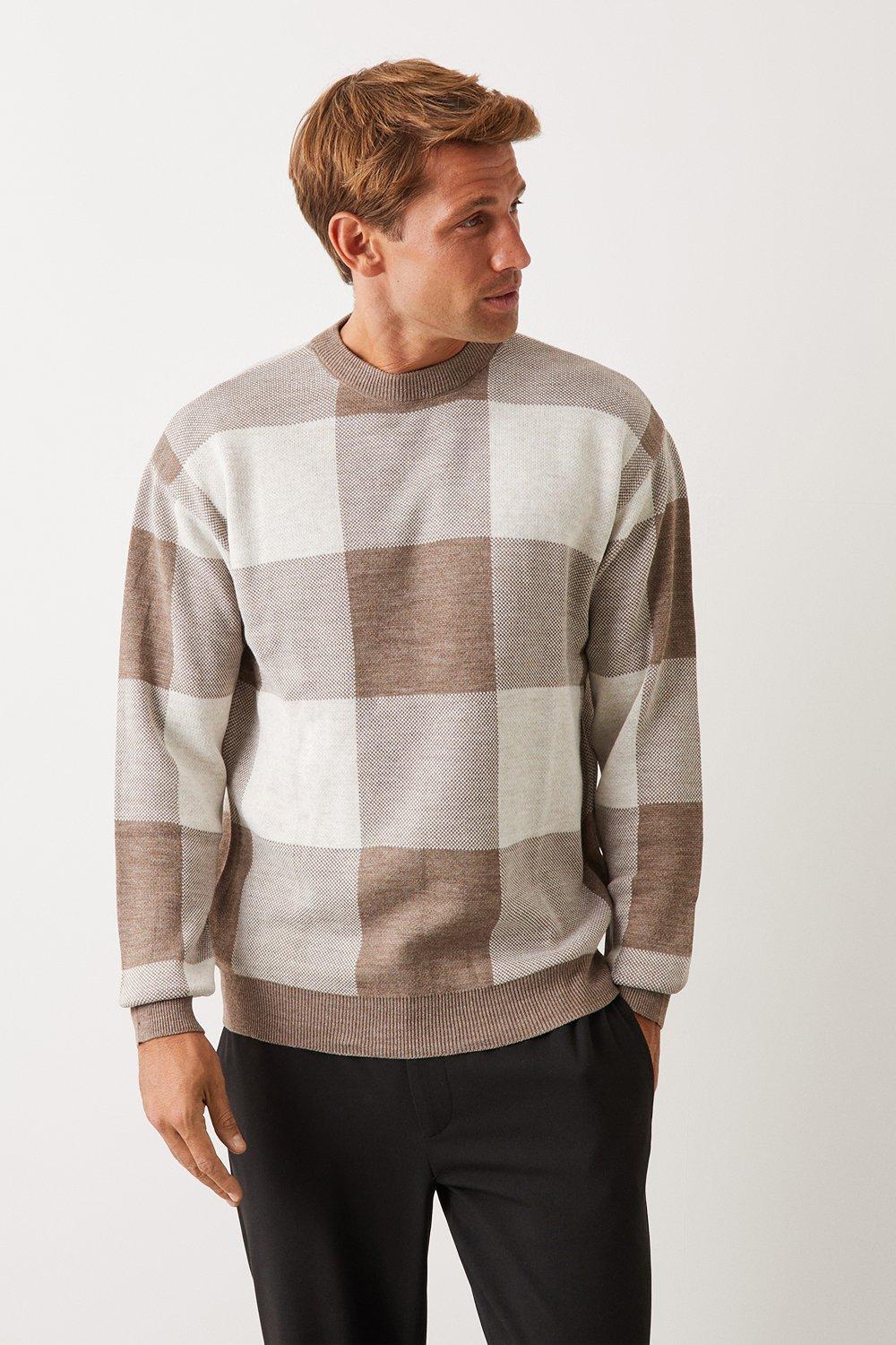 Mens Long Sleeve Checked Crew Neck Jumper