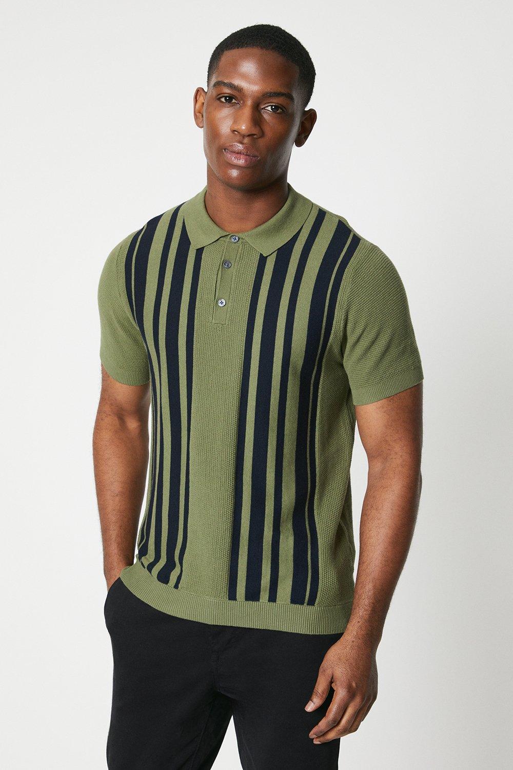 Mens Moss Stitch Placement Stripe Knitted Polo