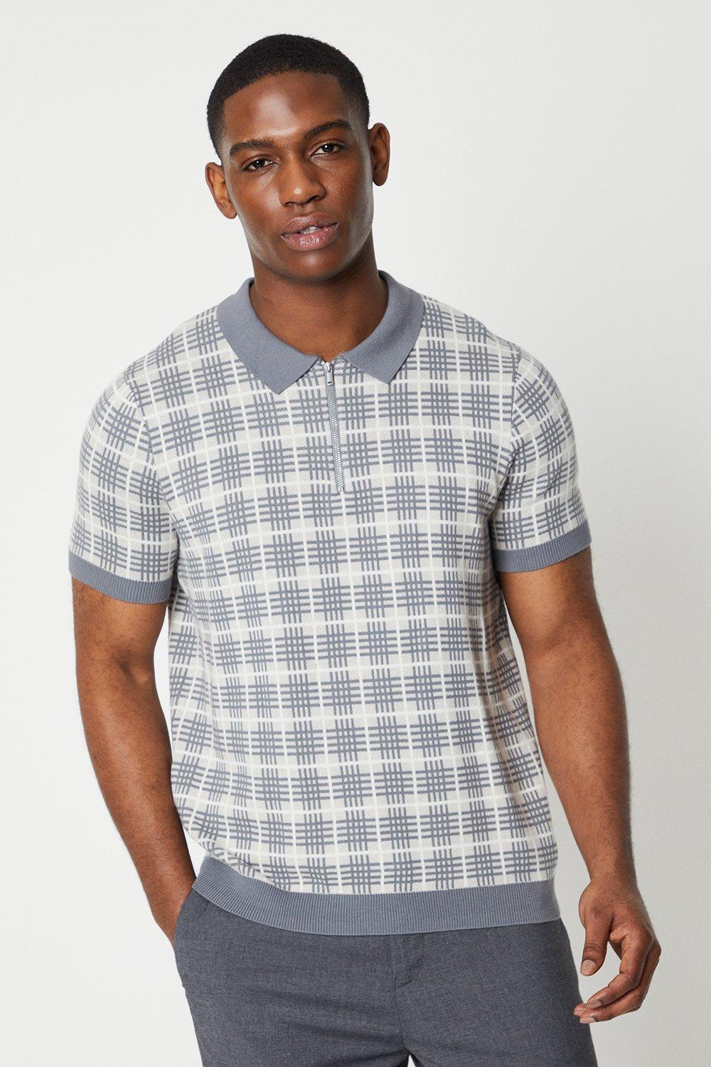 Mens Check Jacquard Knitted Zip Polo