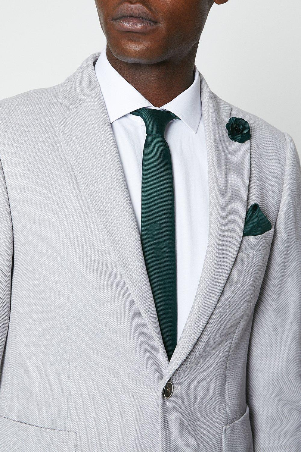Mens Emerald Wedding Plain Tie Set With Matching Lapel Pin