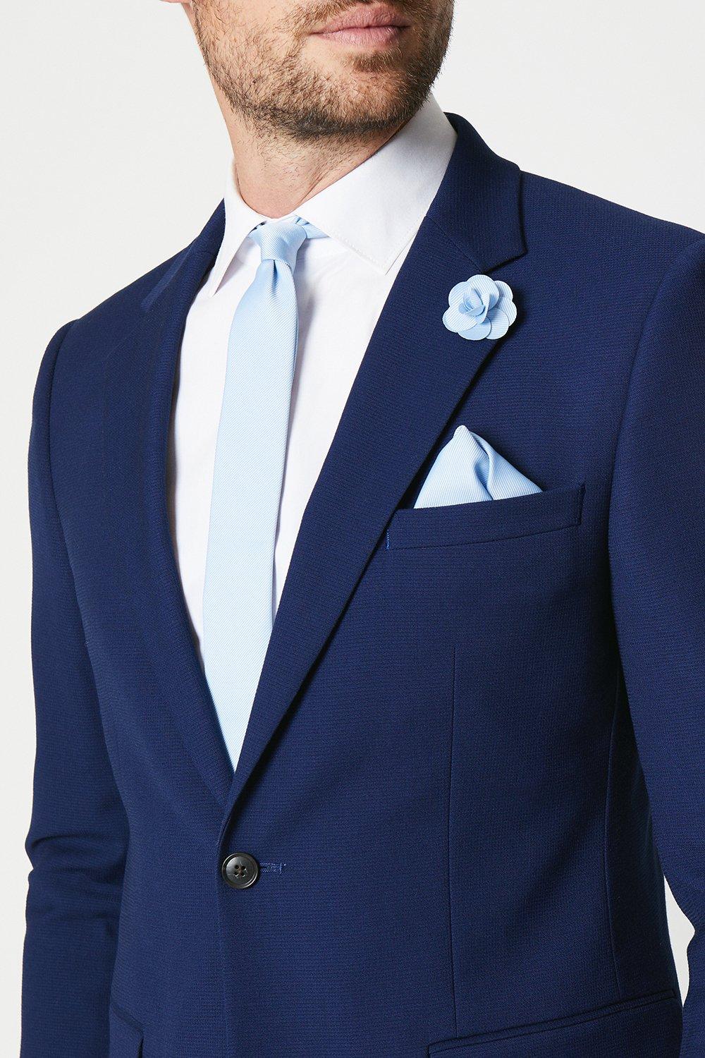 Mens Ice Blue Wedding Plain Tie Set With Matching Lapel Pin