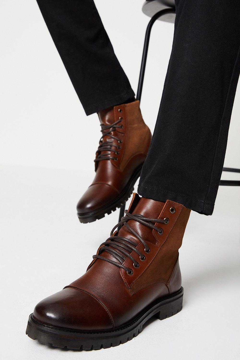Mens Brighton Mix Material Lace Up Cleated Boots