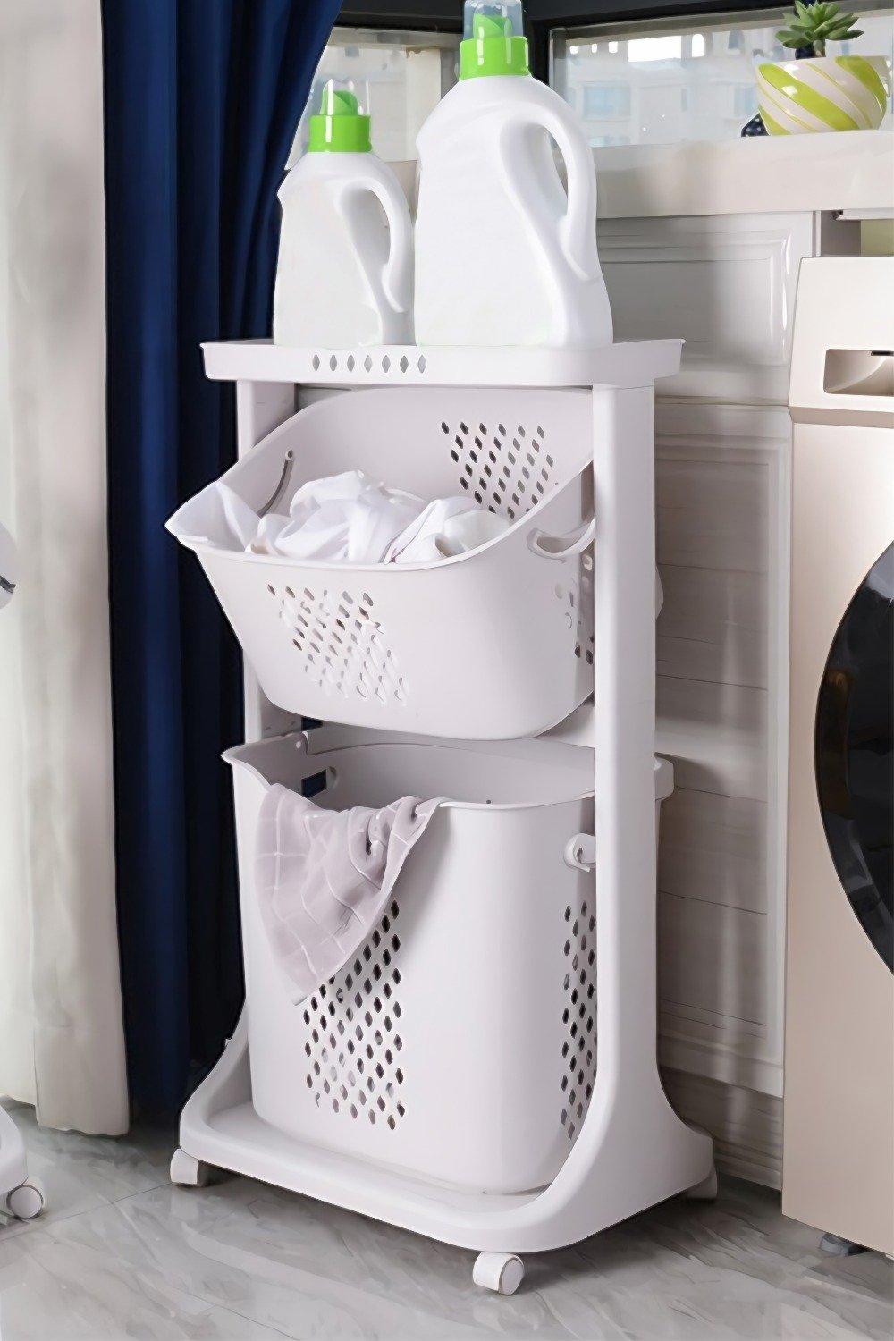 2 Tiers Laundry Basket Clothes Storage Detachable Hamper Rotatable Sorter Cart with Wheels Shelf