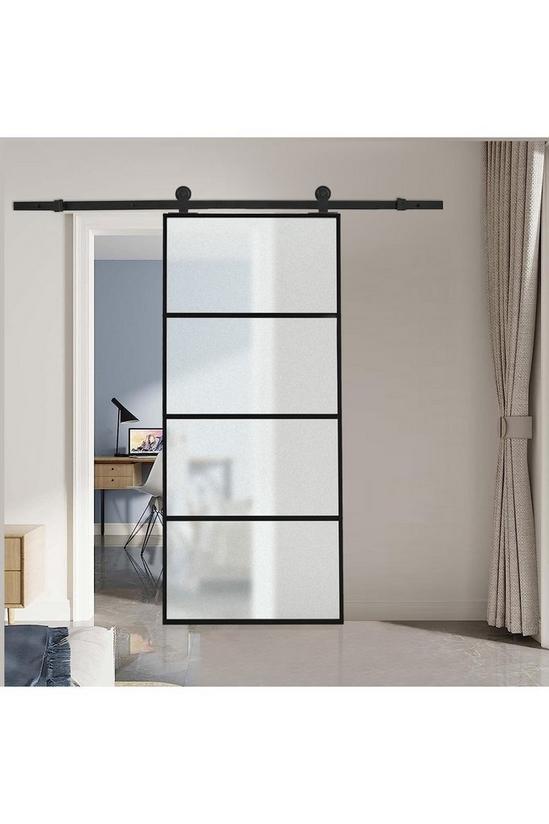 Living and Home Frosted Glass Black Barn Door with Sliding Hardware Kit 2
