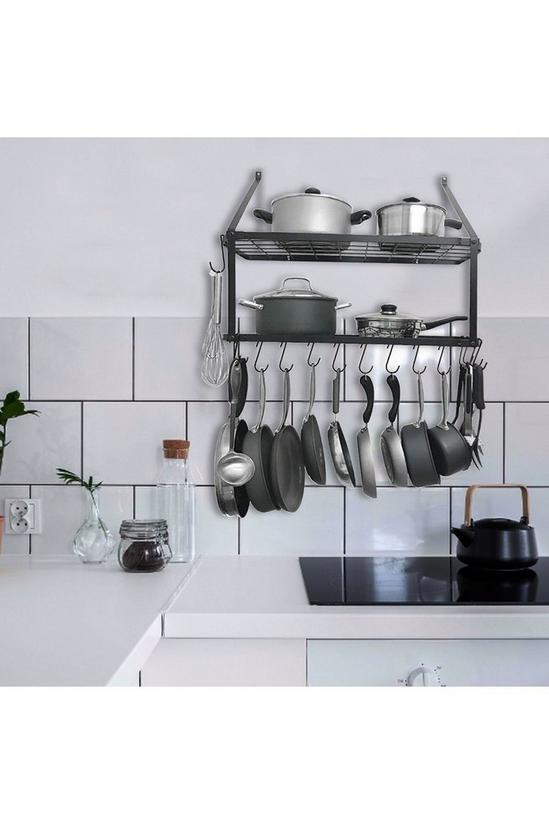 Living and Home 2 Tiers  Wall-Mounted Pan Rack Shelf Pot Holders Storage Drainer with 10 Hooks 2