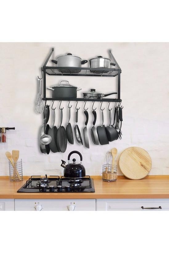 Living and Home 2 Tiers  Wall-Mounted Pan Rack Shelf Pot Holders Storage Drainer with 10 Hooks 4
