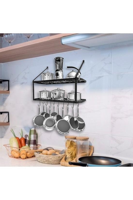 Living and Home 2 Tiers  Wall-Mounted Pan Rack Shelf Pot Holders Storage Drainer with 10 Hooks 5