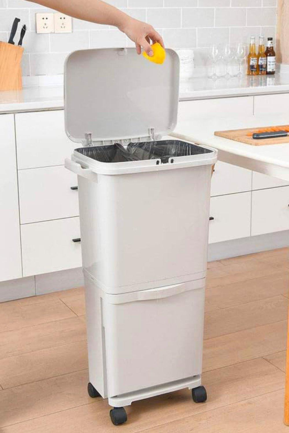 38L Rubbish Dustbin Pedal Recycling Bin Compartments Removable Waste Trash Kitchen with Hooks Wheels