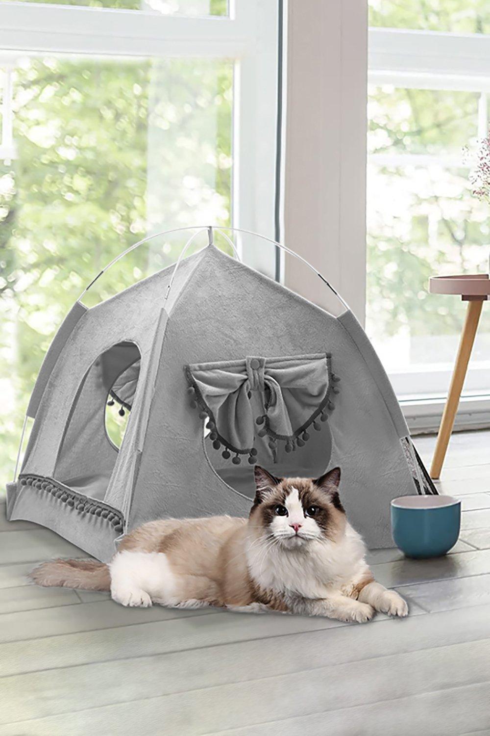 Portable Pet Tent Cat Cave Bed with Pom