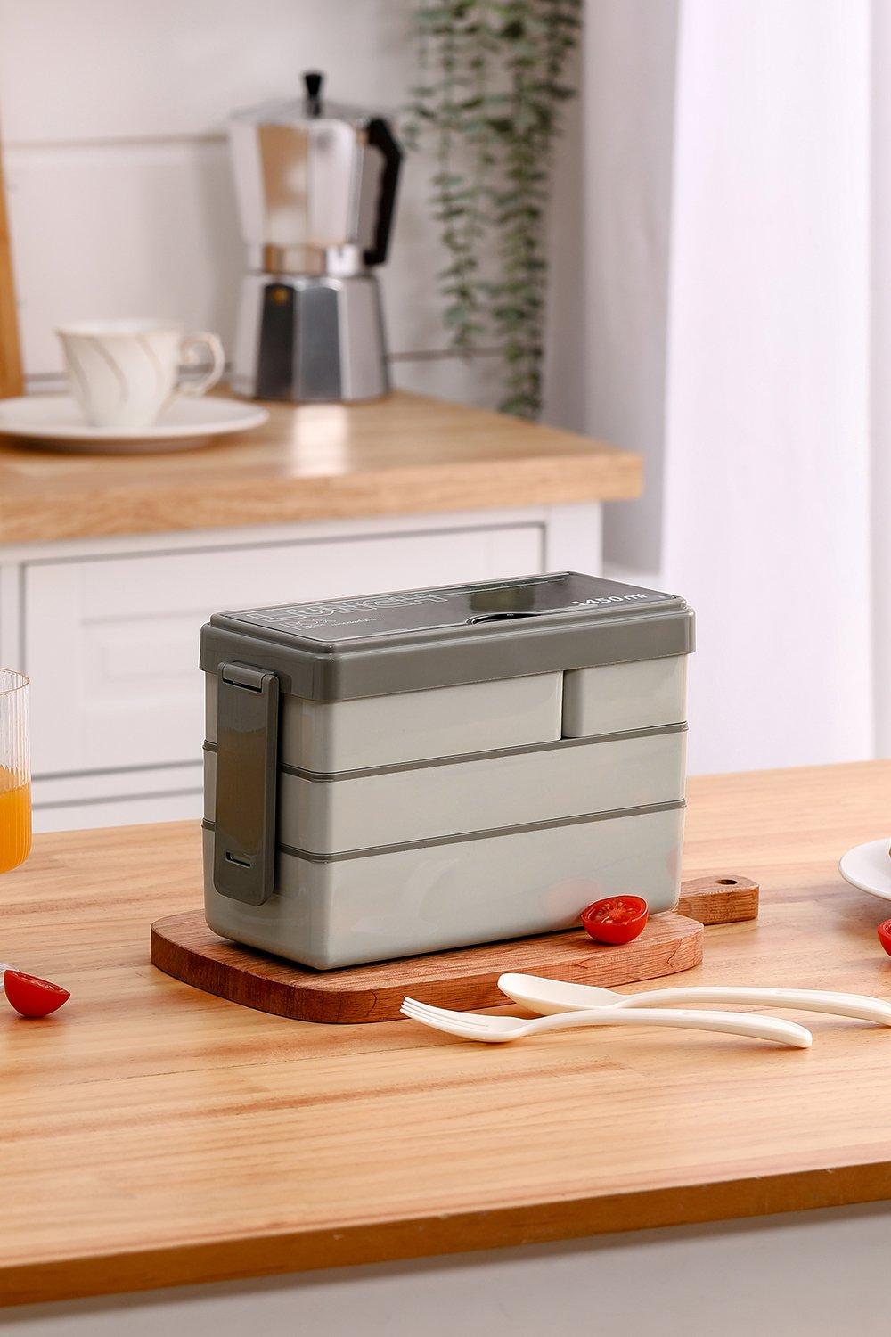 Bento-Style Plastic Grey Lunch Box with Cutlery 3-Layer