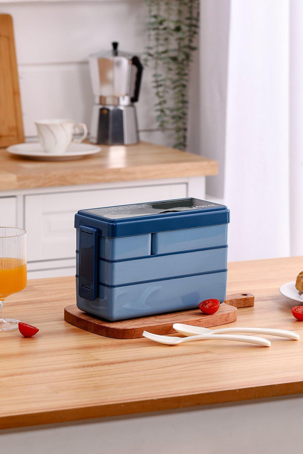 Mindful Plastic Blue Bento Lunch Box with Tableware 3-Layer