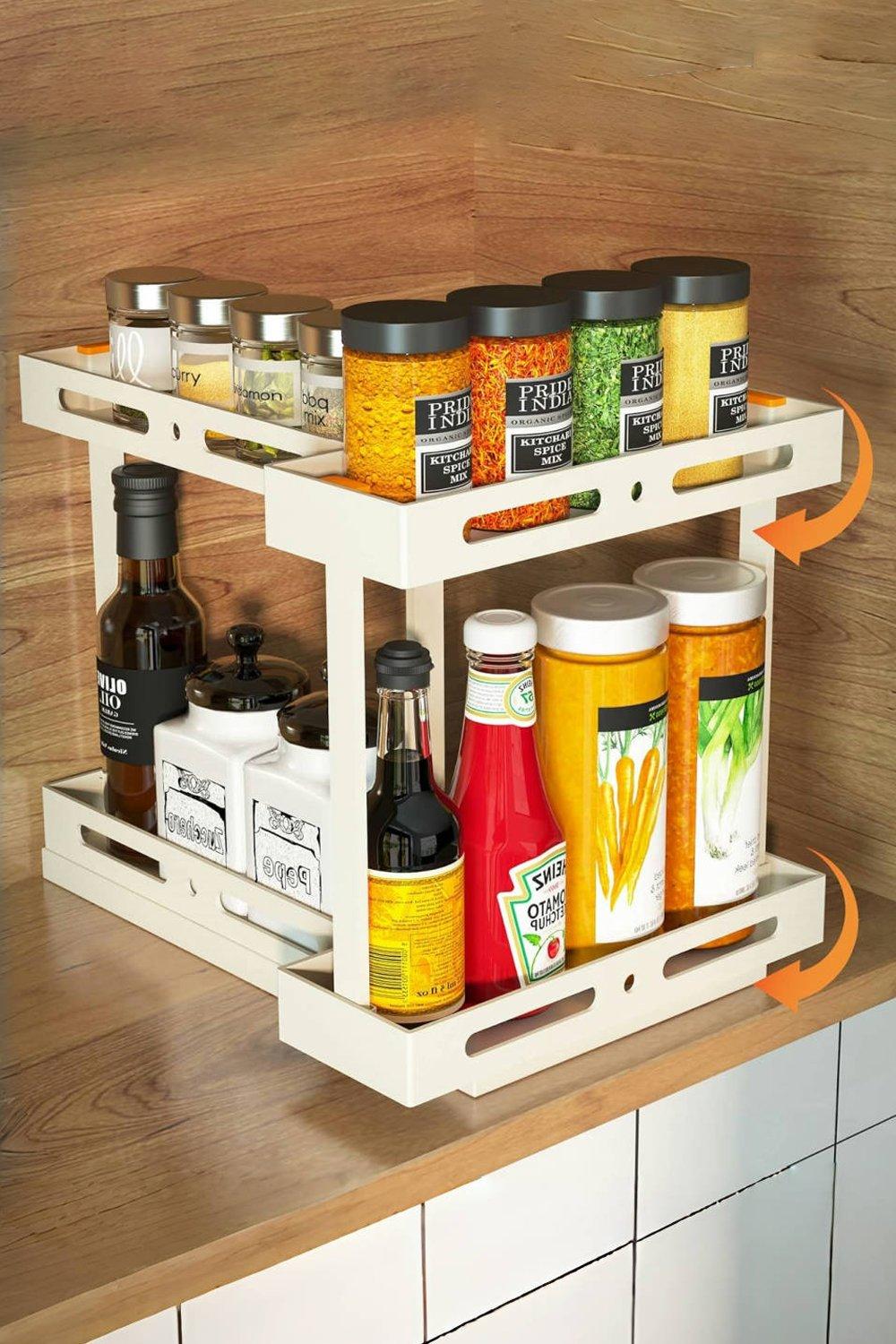 Multifunctional Rotating Storage Rack, 2 Tier Pull-out Storage Shelf
