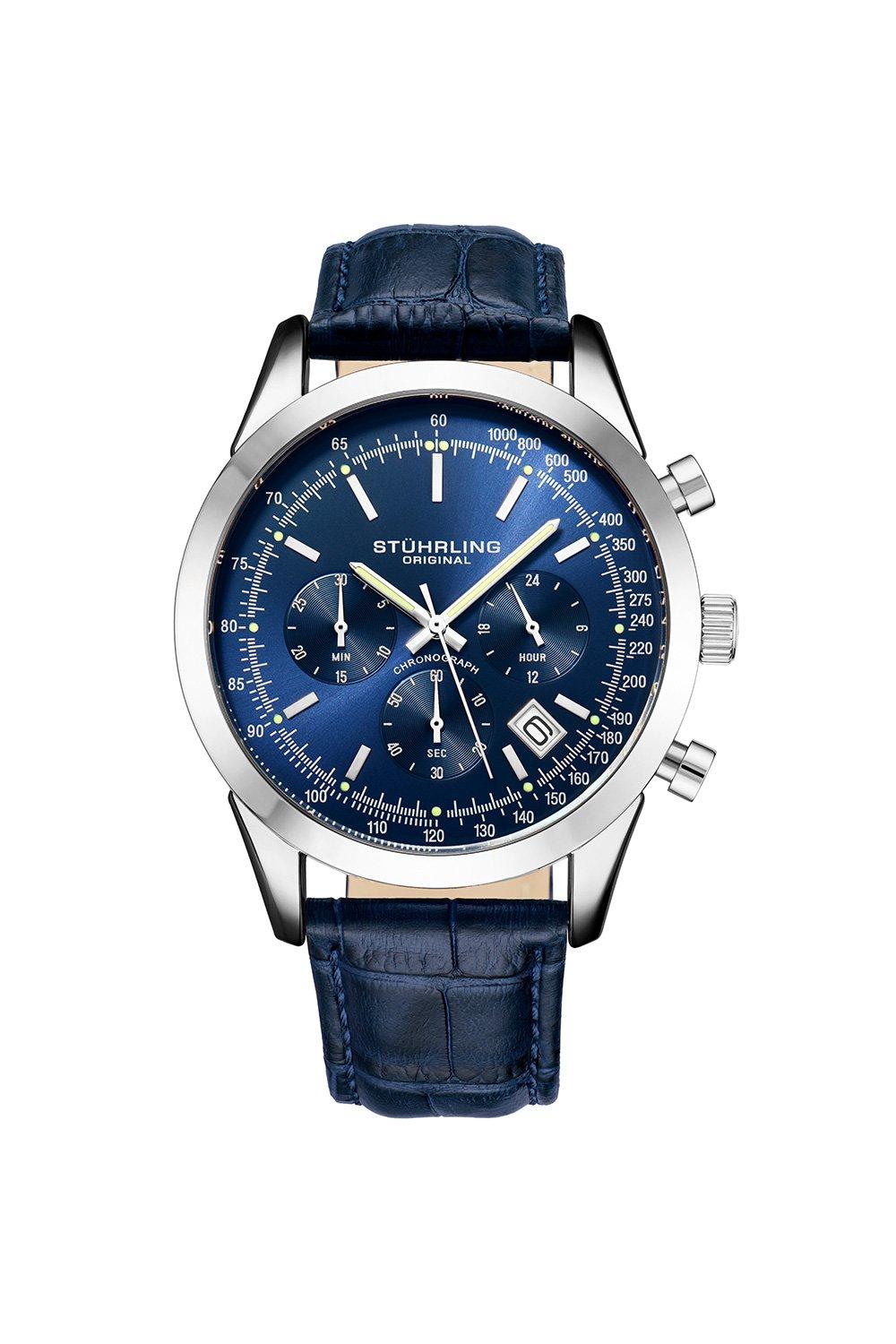 Rialto Chronograph Watch Quartz With Tachymeter 44mm Silver Case Blue Leather Band
