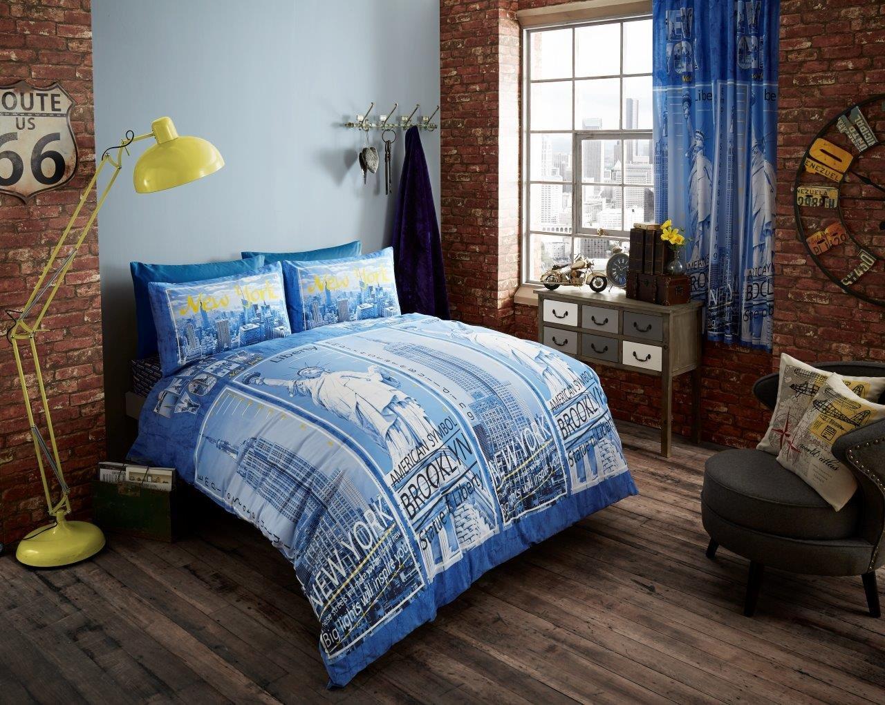 Printed Polycotton Duvet Cover With Pillowcases - Blue