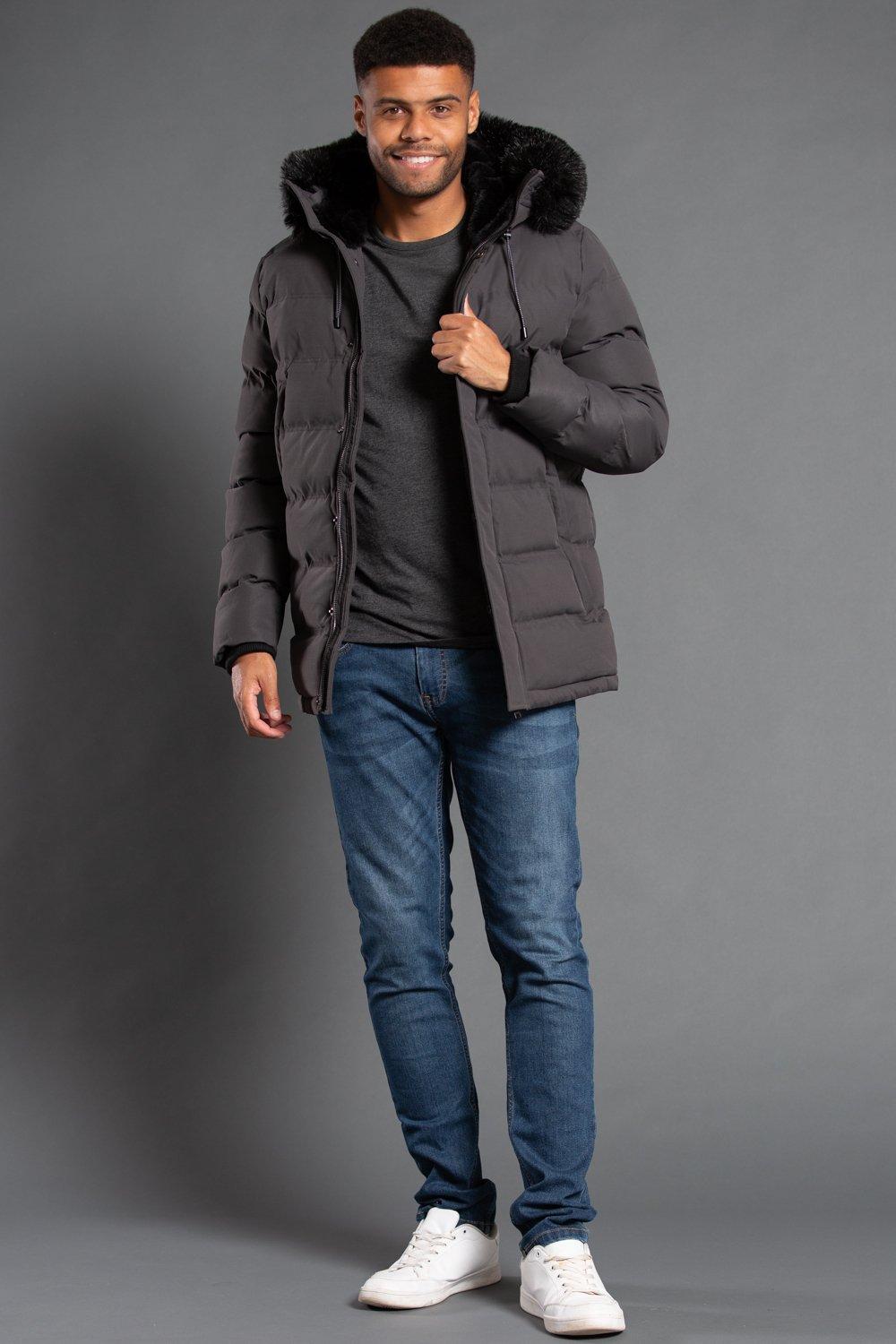 Mens padded jacket hot sale with fur hood