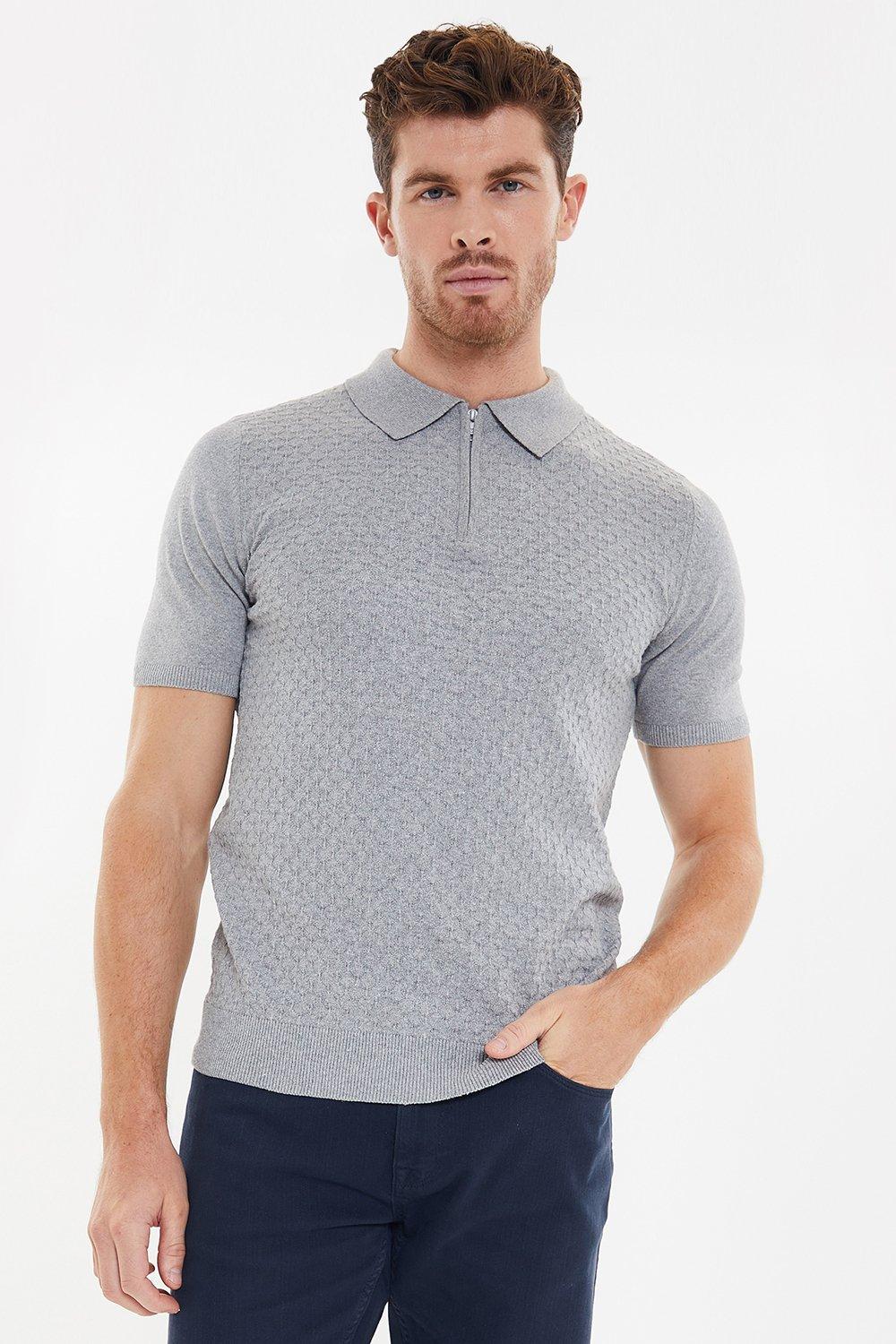 Polos | 'Hartington' Cotton Rich 1/4 Zip Textured Knitted Polo | Threadbare